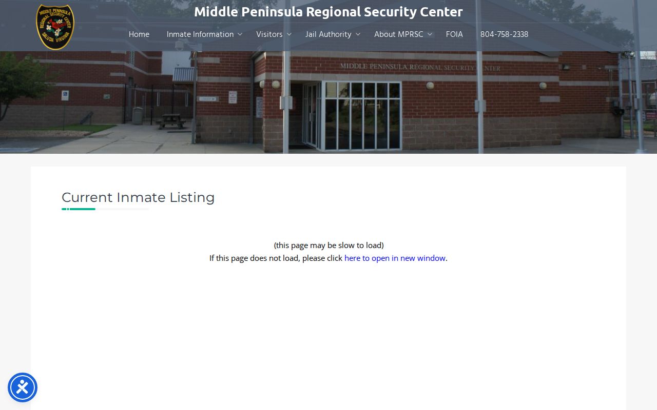 Middle Peninsula Regional Security Center current inmate table for Gloucester County booking checks